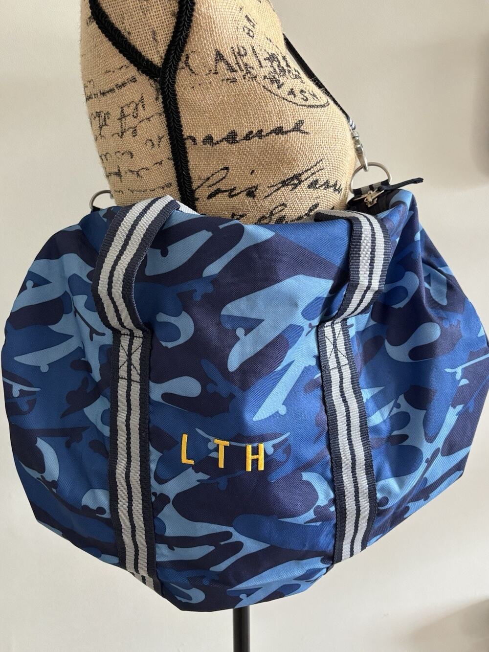 Initialed Pottery Barn Kids Blue Camo Polyester Duffle Bag Zip, Adjustable Strap